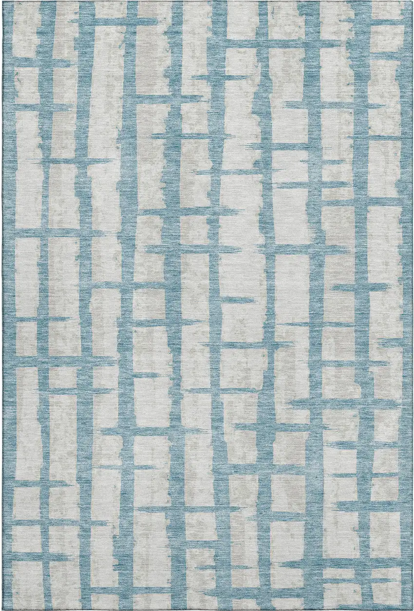Sky Blue And Beige Striped Washable Area Rug With UV Protection Photo 1