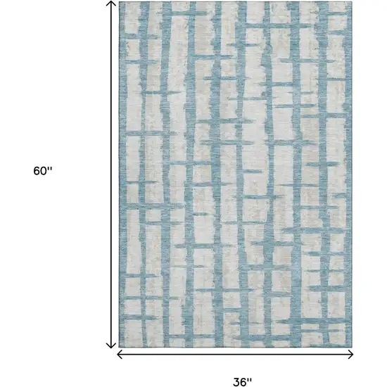 Sky Blue And Beige Striped Washable Area Rug With UV Protection Photo 3