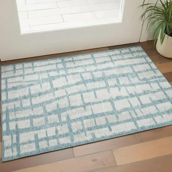 Sky Blue And Beige Striped Washable Area Rug With UV Protection Photo 1