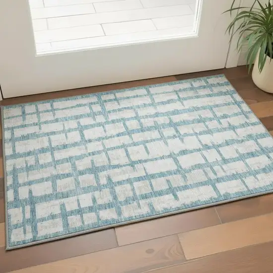 Sky Blue And Beige Striped Washable Area Rug With UV Protection Photo 2