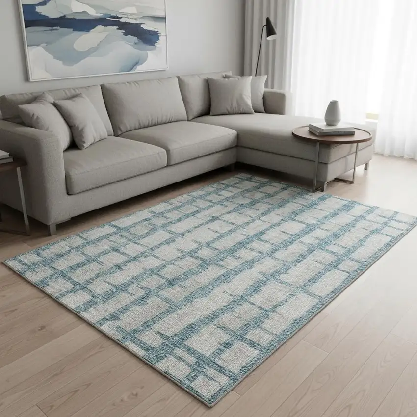 Sky Blue And Beige Striped Washable Area Rug With UV Protection Photo 2