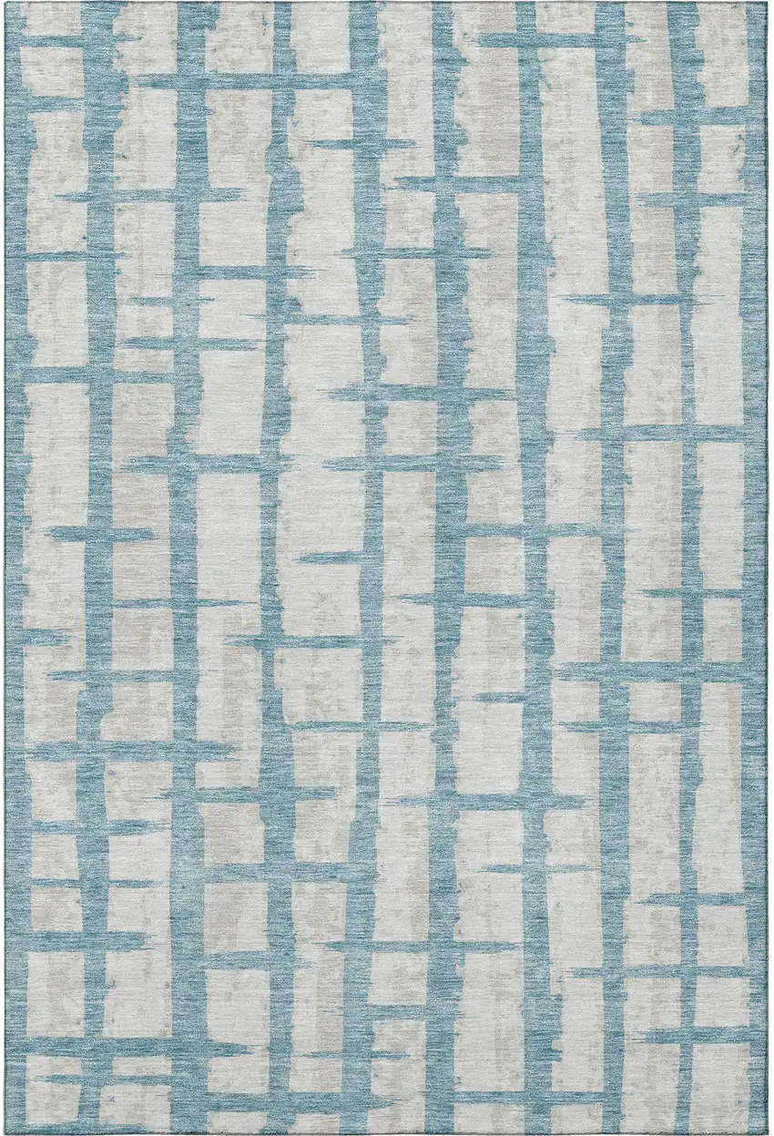 Sky Blue And Beige Striped Washable Area Rug With UV Protection Photo 4