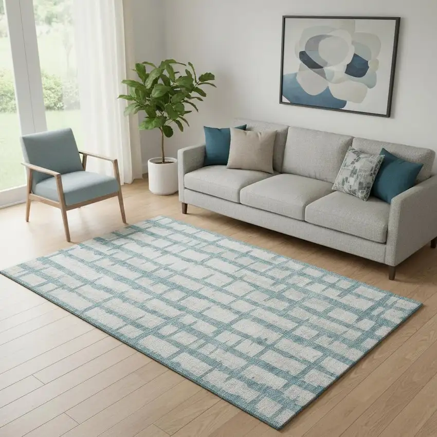 Sky Blue And Beige Striped Washable Area Rug With UV Protection Photo 1