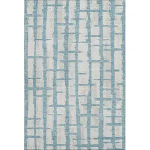 Photo of Sky Blue And Beige Striped Washable Area Rug With UV Protection
