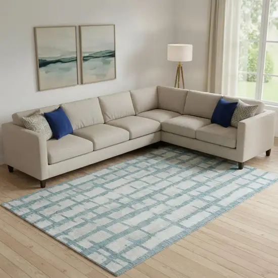 Sky Blue And Beige Striped Washable Area Rug With UV Protection Photo 1