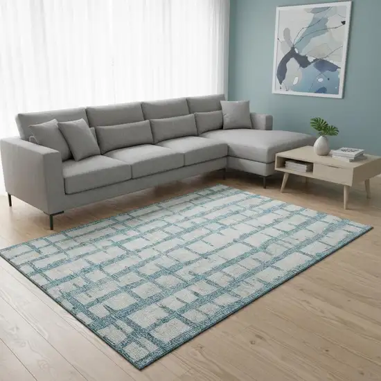 Sky Blue And Beige Striped Washable Area Rug With UV Protection Photo 2