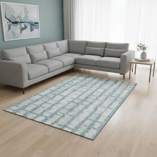 Sky Blue And Beige Striped Washable Area Rug With UV Protection Photo 2