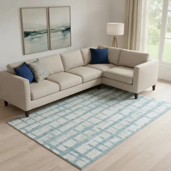 Sky Blue And Beige Striped Washable Area Rug With UV Protection Photo 1