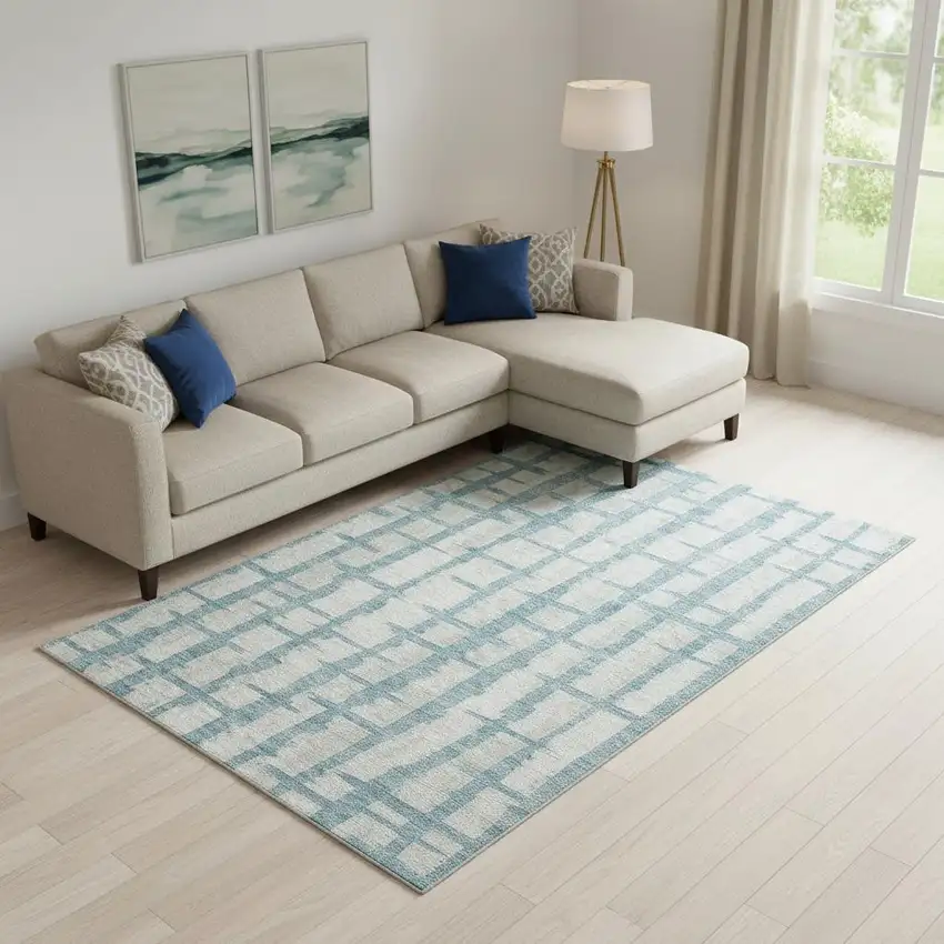 Sky Blue And Beige Striped Washable Area Rug With UV Protection Photo 1