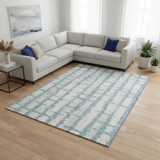 Sky Blue And Beige Striped Washable Area Rug With UV Protection Photo 2