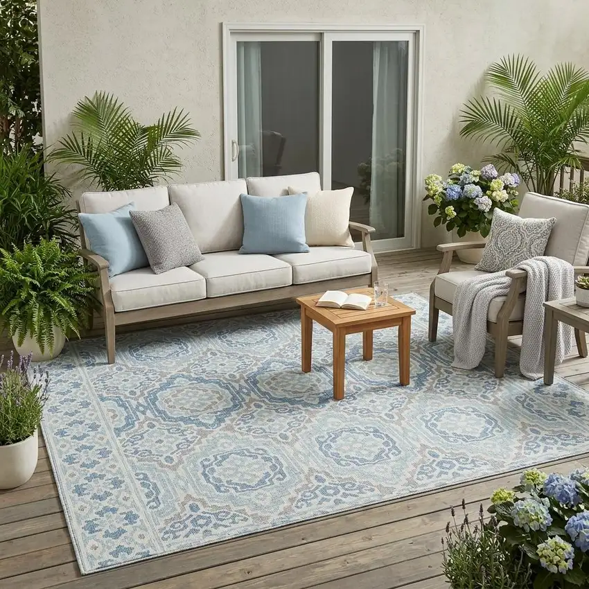 Sky Blue And Beige Tribal Washable Indoor Outdoor Area Rug Photo 1