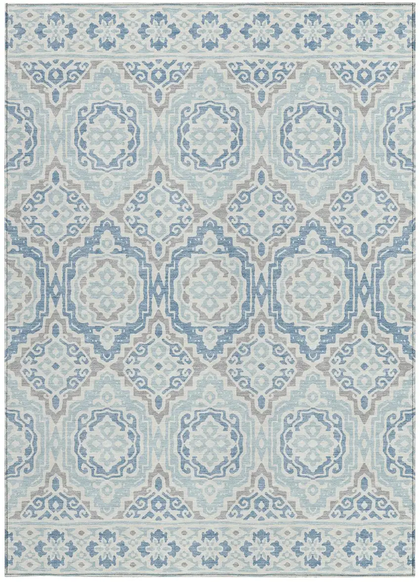 Sky Blue And Beige Tribal Washable Indoor Outdoor Area Rug Photo 4