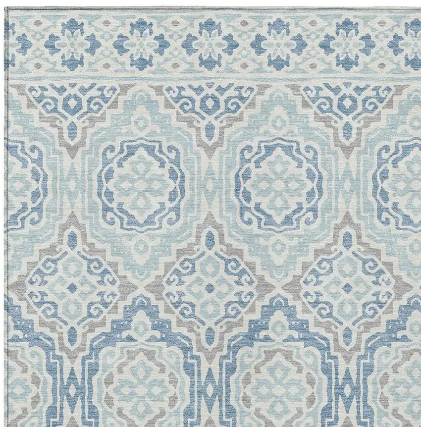 Sky Blue And Beige Tribal Washable Indoor Outdoor Area Rug Photo 5