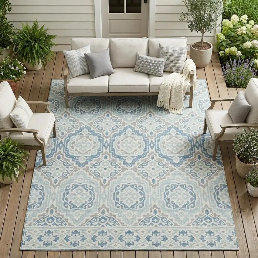 Sky Blue And Beige Tribal Washable Indoor Outdoor Area Rug Photo 1