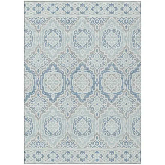 Sky Blue And Beige Tribal Washable Indoor Outdoor Area Rug Photo 2
