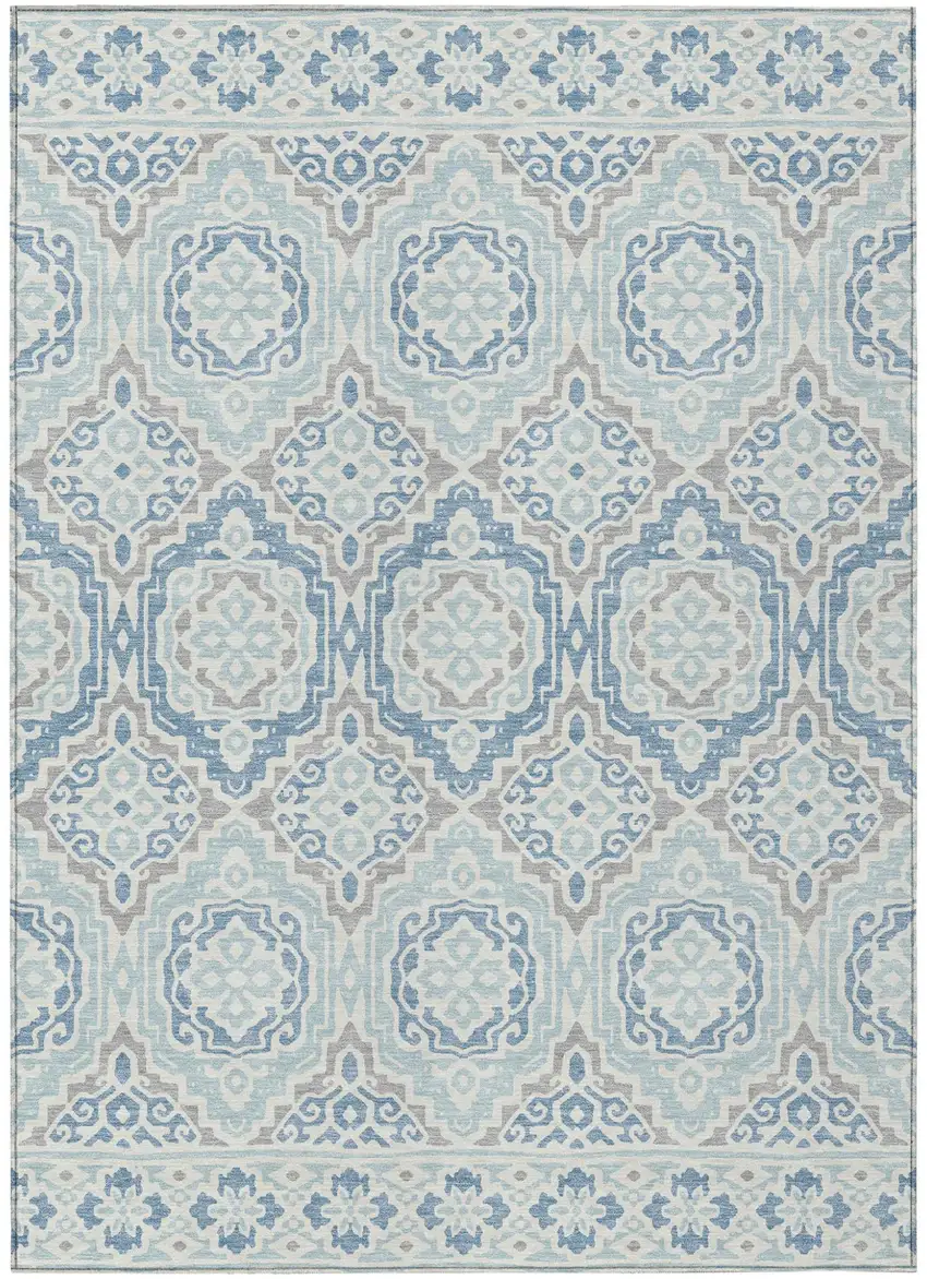 Sky Blue And Beige Tribal Washable Indoor Outdoor Area Rug Photo 2