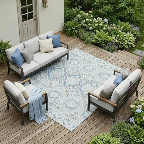 Sky Blue And Beige Tribal Washable Indoor Outdoor Area Rug Photo 1