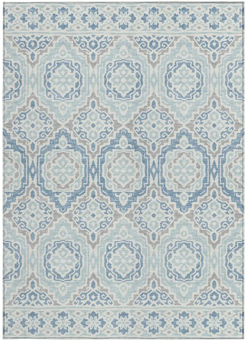 Sky Blue And Beige Tribal Washable Indoor Outdoor Area Rug Photo 3