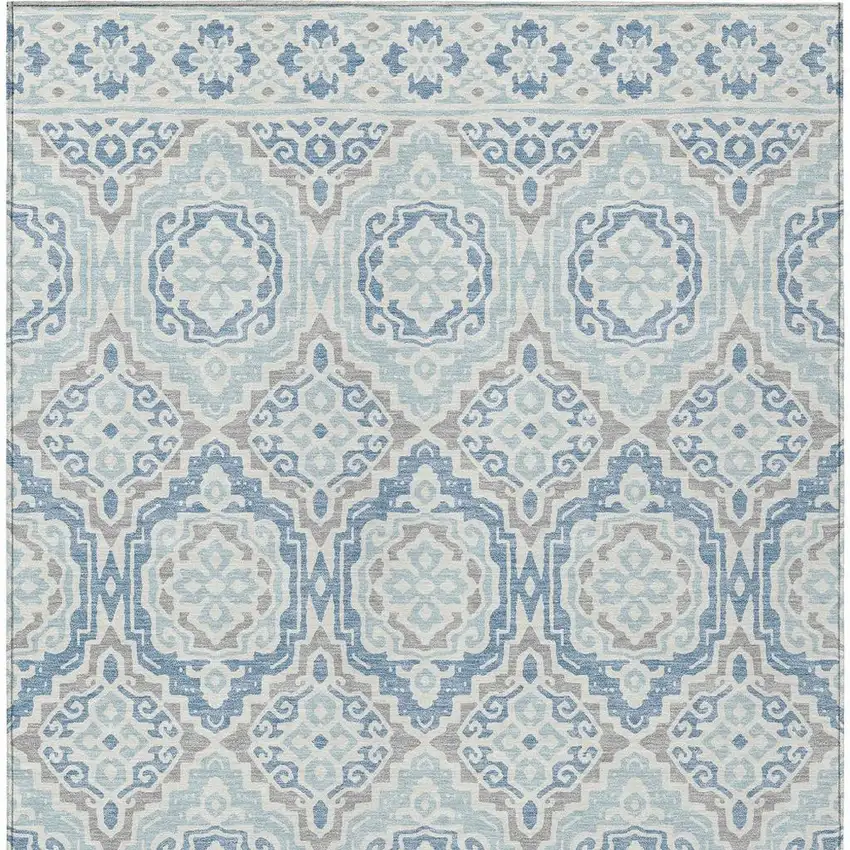 Sky Blue And Beige Tribal Washable Indoor Outdoor Area Rug Photo 4