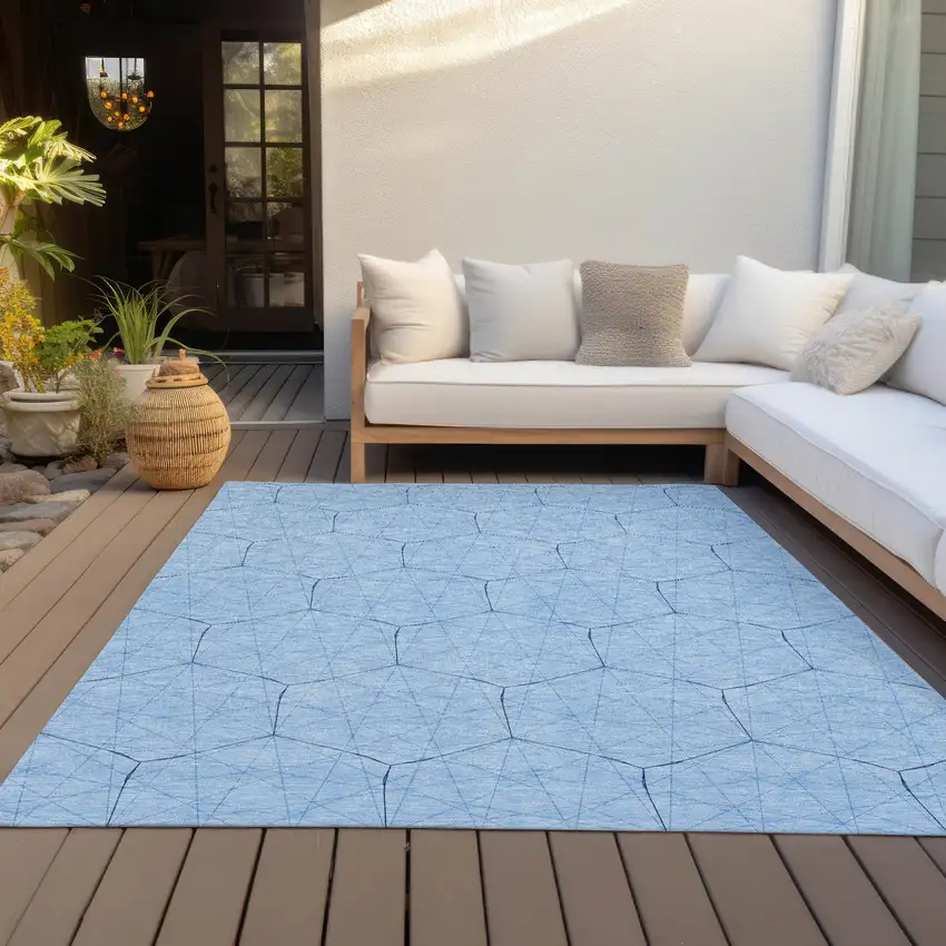 Sky Blue And Black Geometric Washable Indoor Outdoor Area Rug Photo 6