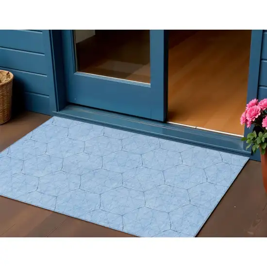 Sky Blue And Black Geometric Washable Indoor Outdoor Area Rug Photo 1