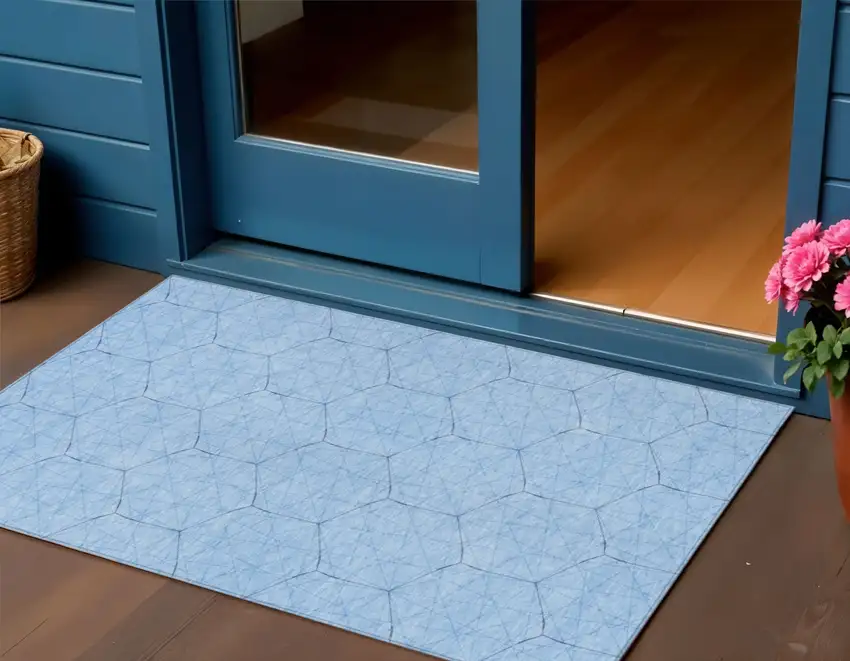 Sky Blue And Black Geometric Washable Indoor Outdoor Area Rug Photo 1