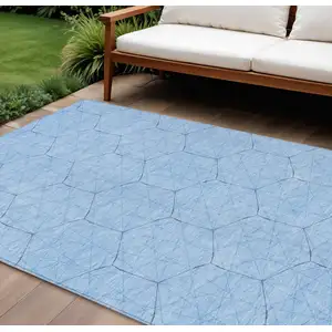 Photo of Sky Blue And Black Geometric Washable Indoor Outdoor Area Rug