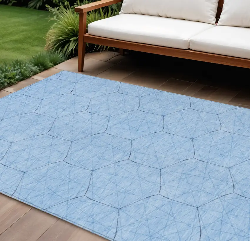 Sky Blue And Black Geometric Washable Indoor Outdoor Area Rug Photo 1