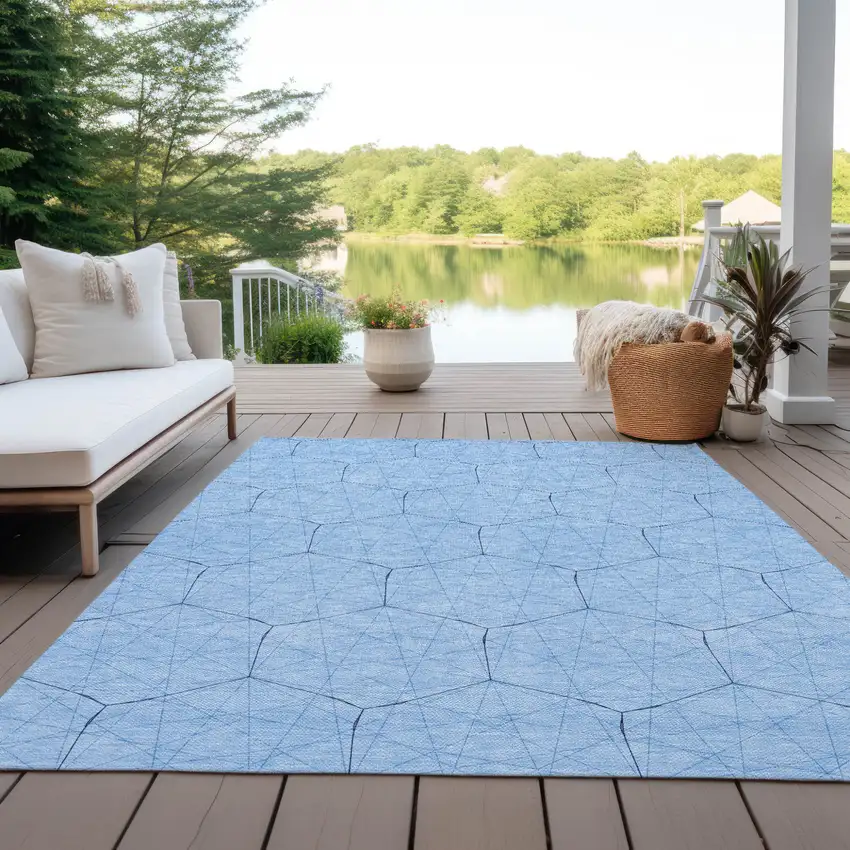 Sky Blue And Black Geometric Washable Indoor Outdoor Area Rug Photo 9