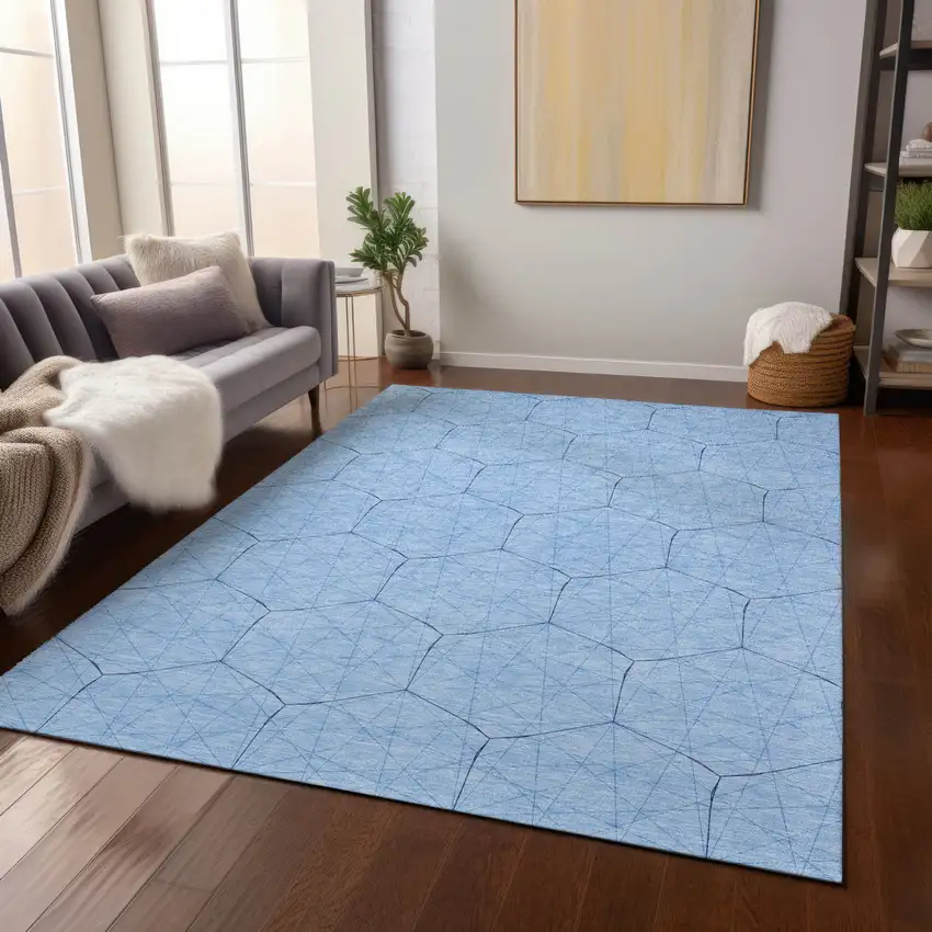 Sky Blue And Black Geometric Washable Indoor Outdoor Area Rug Photo 8