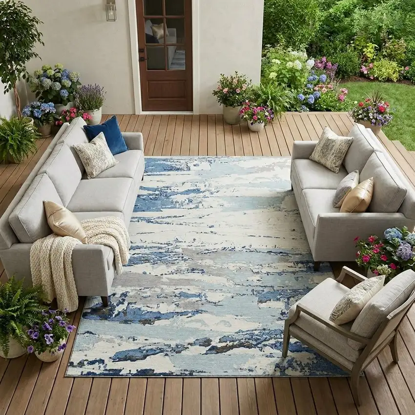 Sky Blue And Blue Abstract Washable Indoor Outdoor Area Rug Photo 1