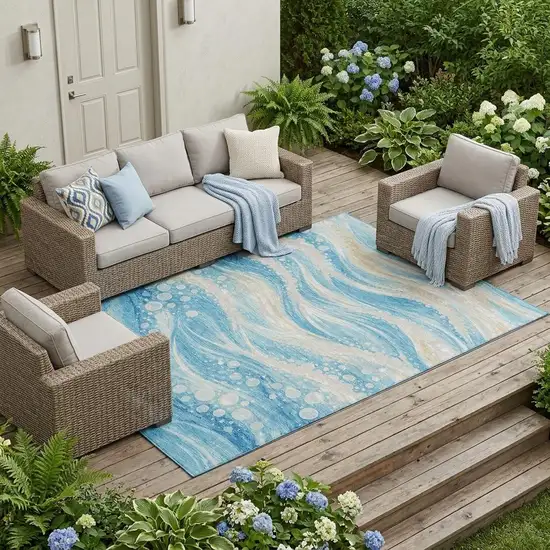 Sky Blue And Blue Abstract Washable Indoor Outdoor Area Rug Photo 1