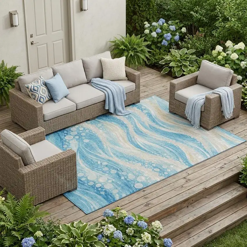 Sky Blue And Blue Abstract Washable Indoor Outdoor Area Rug Photo 1