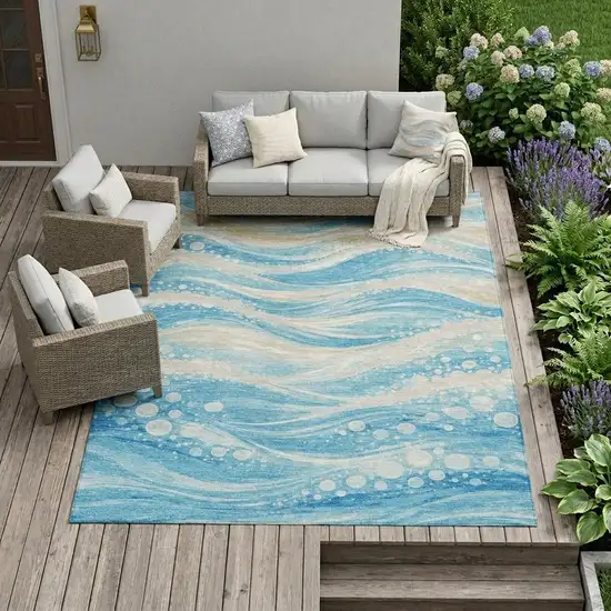 Sky Blue And Blue Abstract Washable Indoor Outdoor Area Rug Photo 1