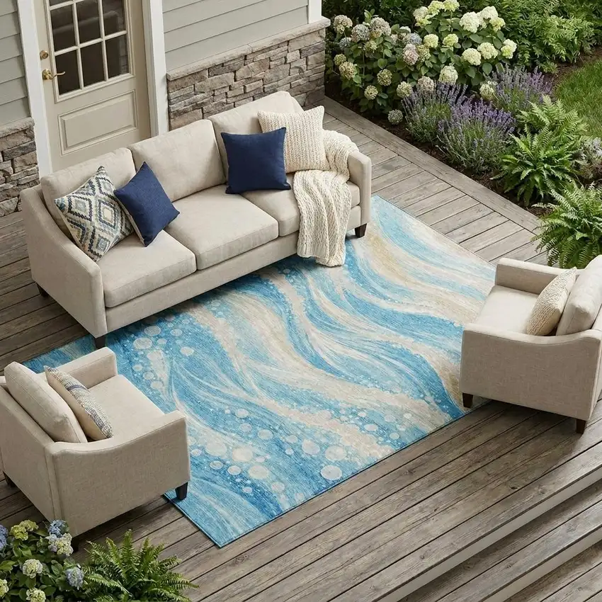 Sky Blue And Blue Abstract Washable Indoor Outdoor Area Rug Photo 1