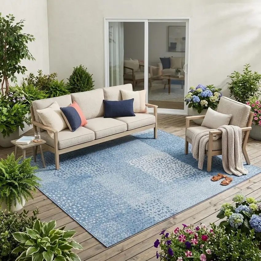 Sky Blue And Blue Abstract Washable Indoor Outdoor Area Rug Photo 1