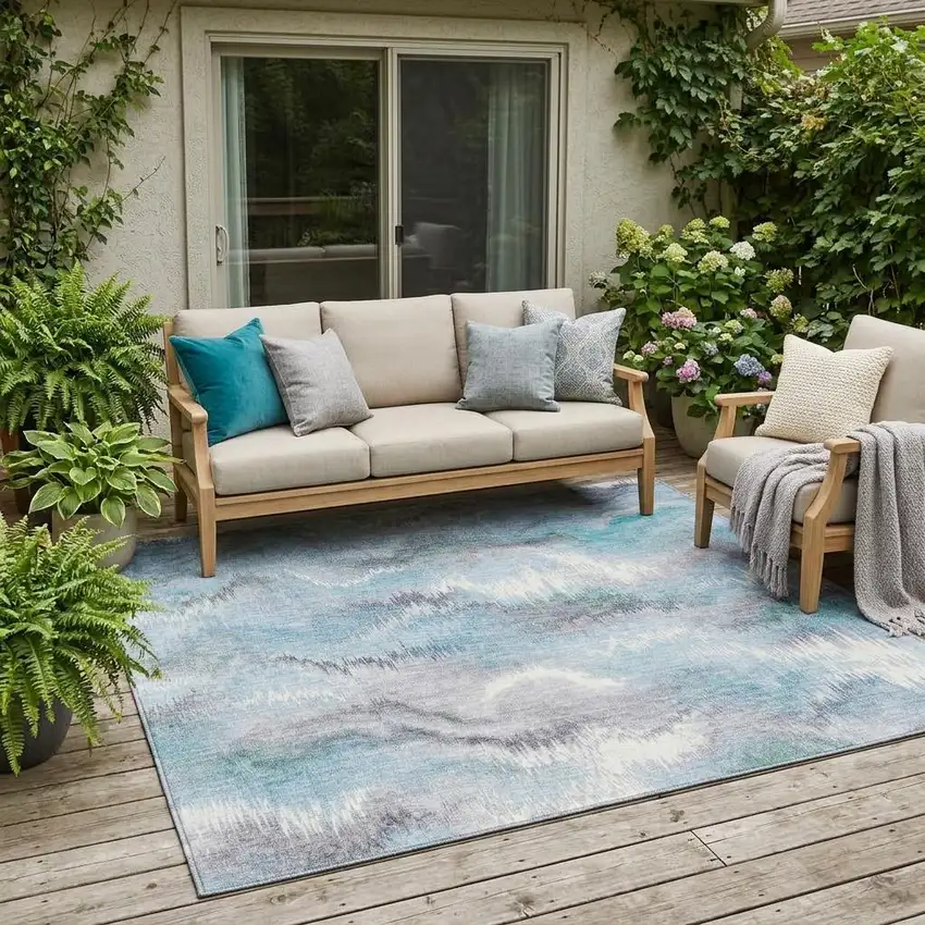 Sky Blue And Blue Abstract Washable Indoor Outdoor Area Rug Photo 1
