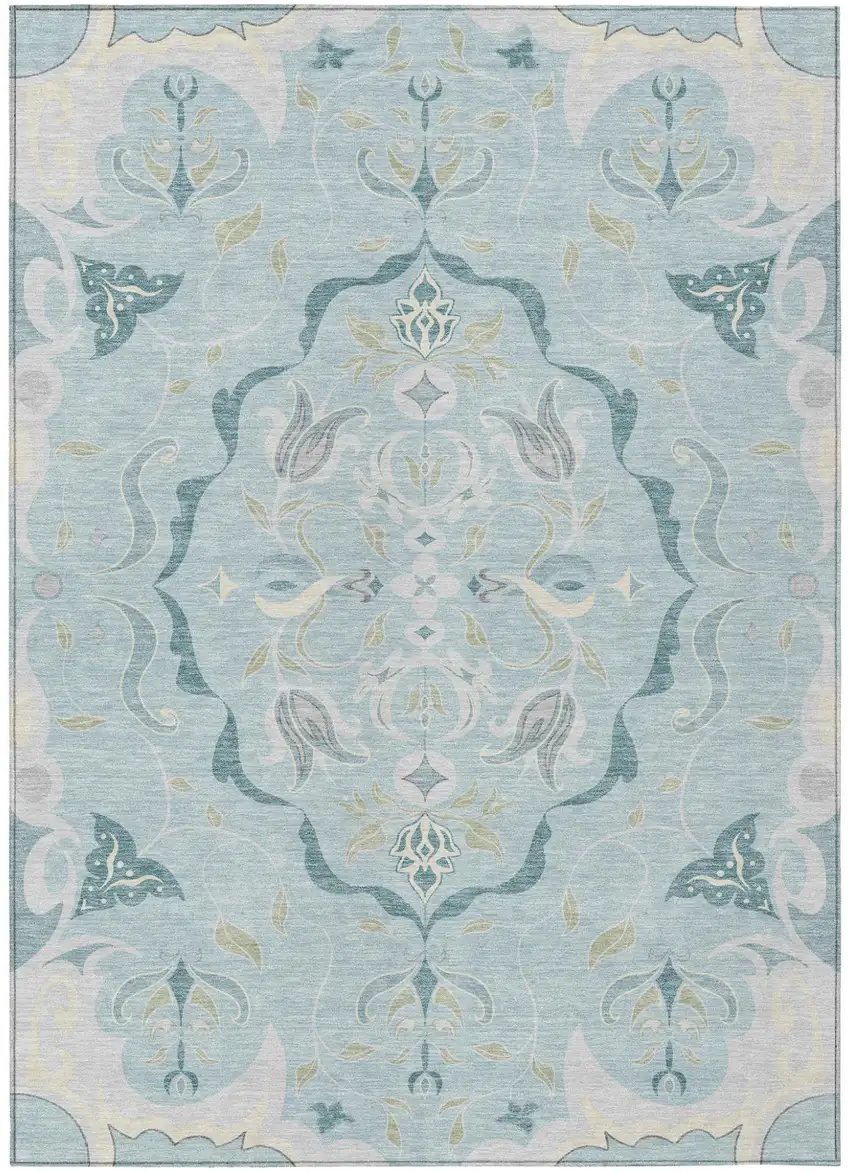 Sky Blue And Blue Damask Washable Indoor Outdoor Area Rug Photo 1