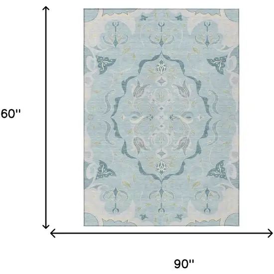 Sky Blue And Blue Damask Washable Indoor Outdoor Area Rug Photo 6