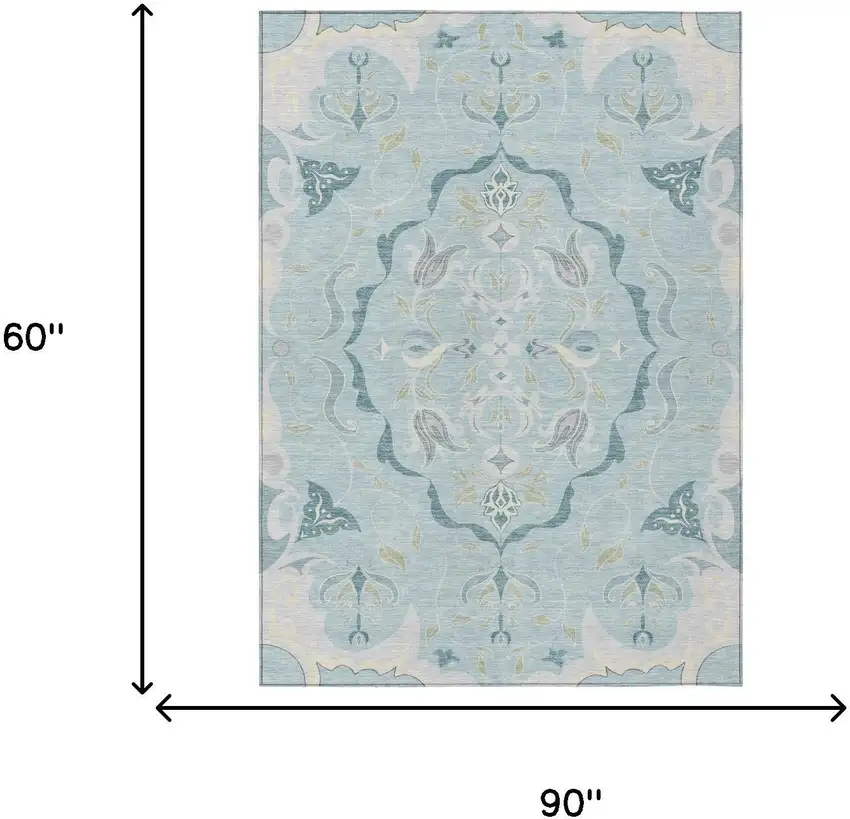 Sky Blue And Blue Damask Washable Indoor Outdoor Area Rug Photo 6
