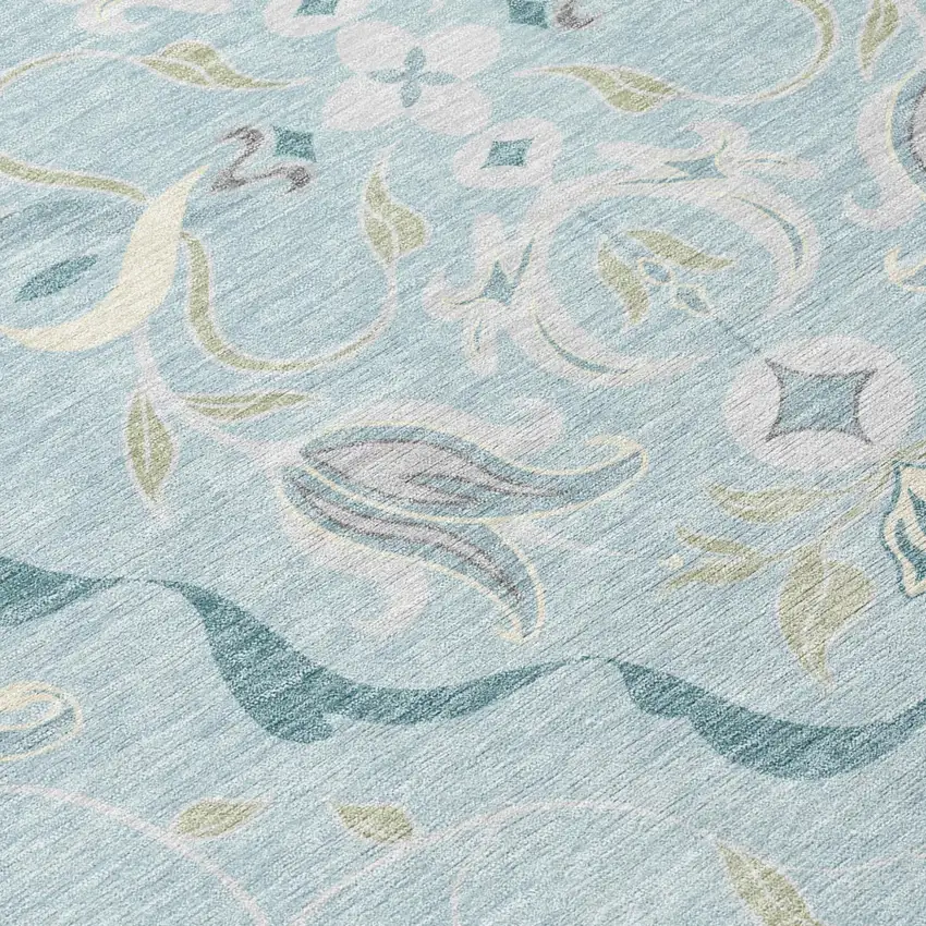 Sky Blue And Blue Damask Washable Indoor Outdoor Area Rug Photo 5