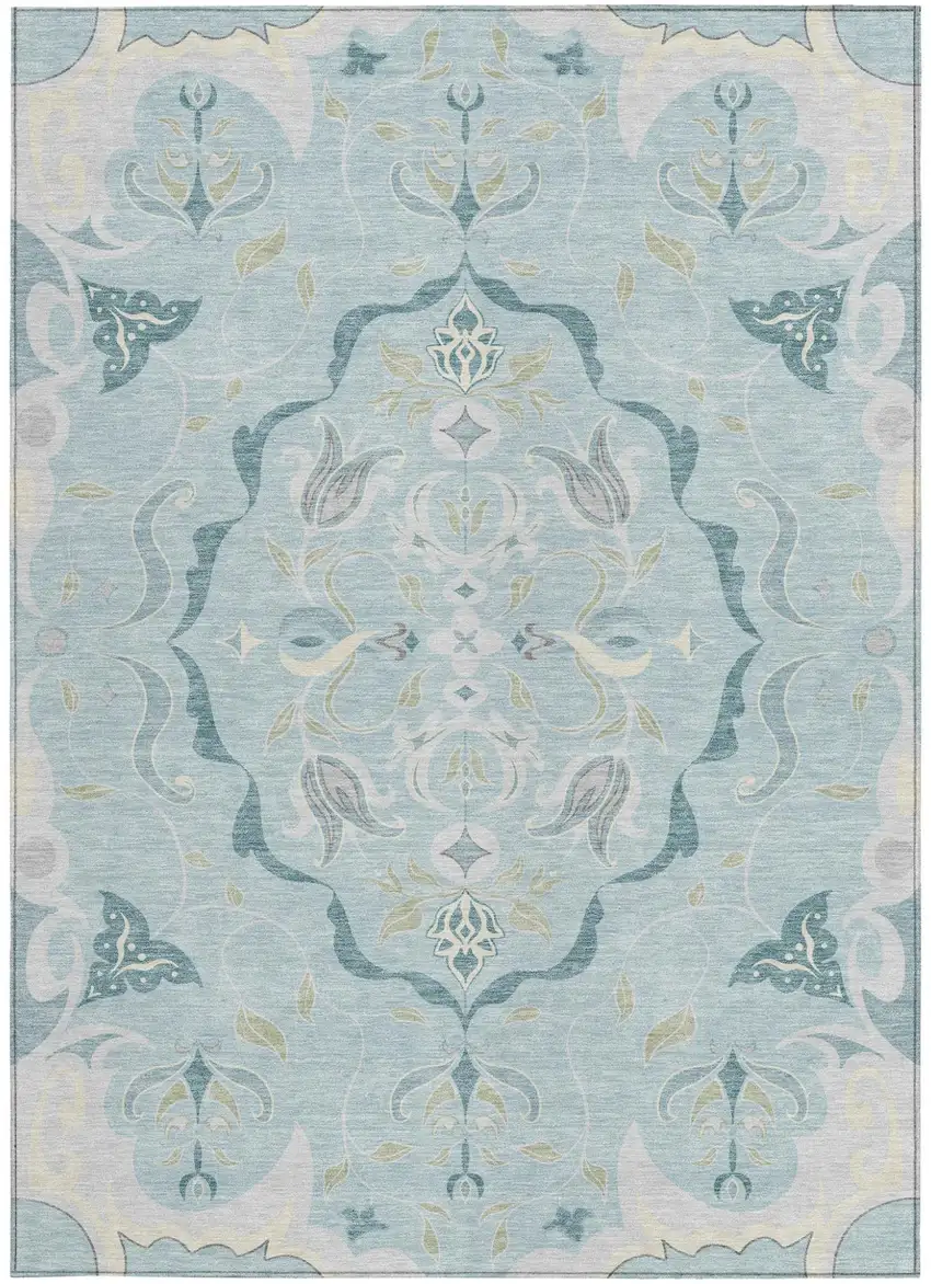 Sky Blue And Blue Damask Washable Indoor Outdoor Area Rug Photo 3