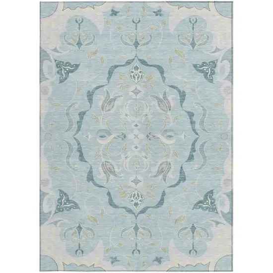 Sky Blue And Blue Damask Washable Indoor Outdoor Area Rug Photo 3