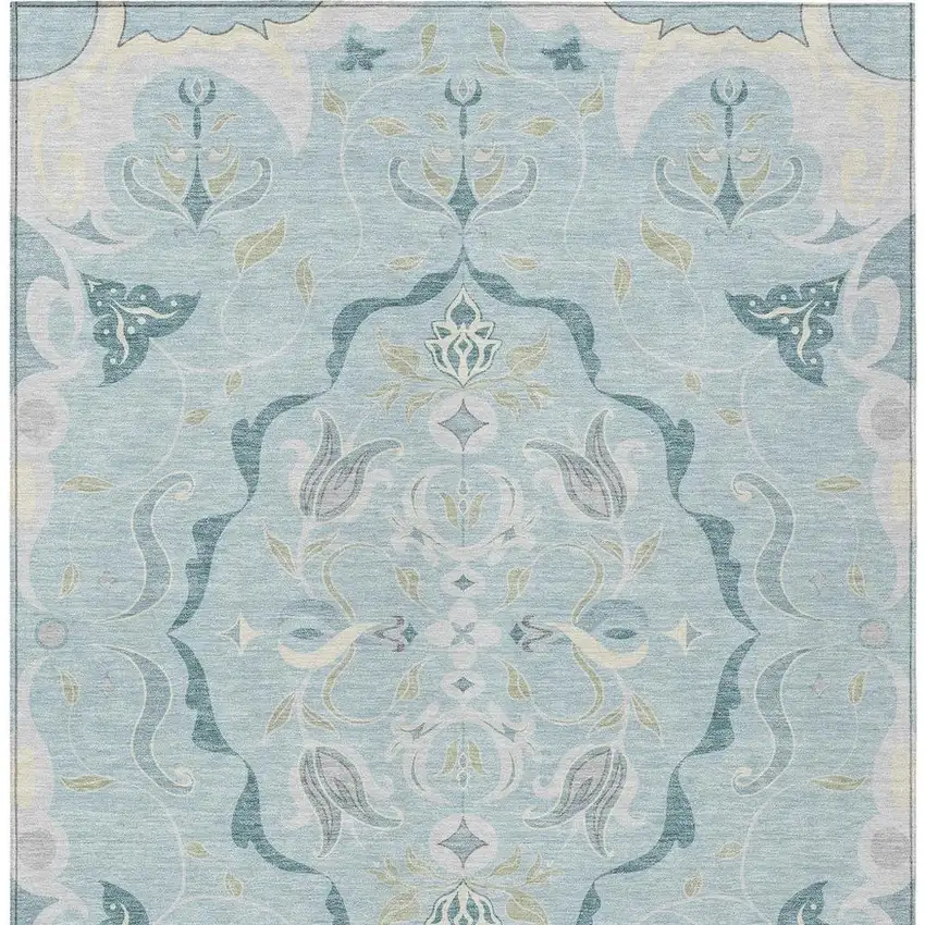 Sky Blue And Blue Damask Washable Indoor Outdoor Area Rug Photo 1