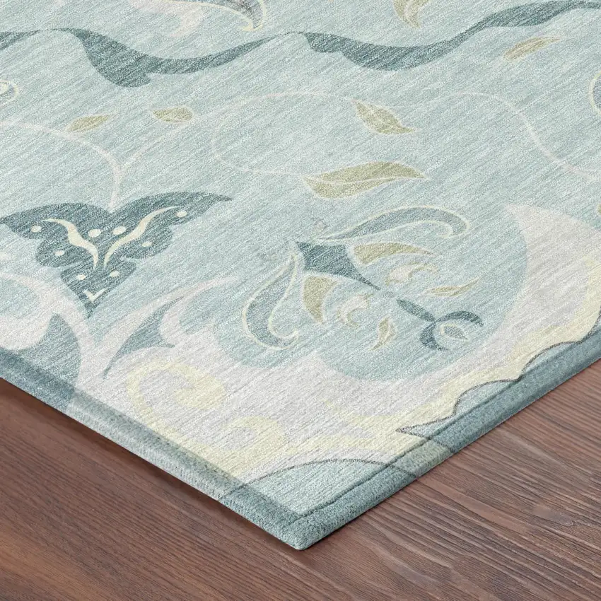 Sky Blue And Blue Damask Washable Indoor Outdoor Area Rug Photo 4
