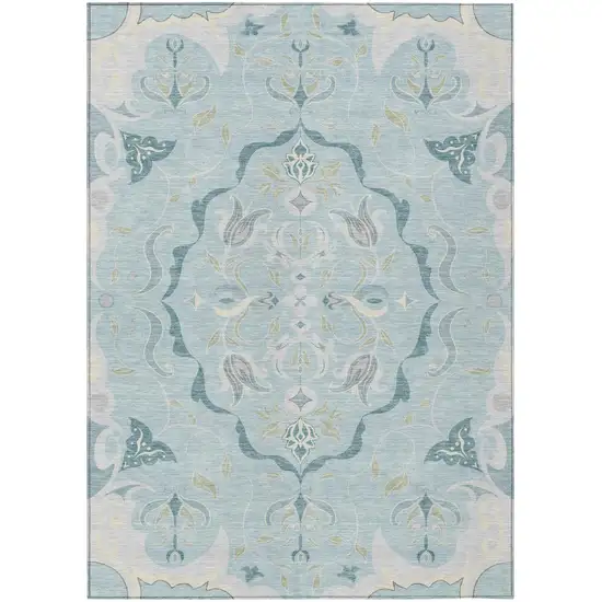 Sky Blue And Blue Damask Washable Indoor Outdoor Area Rug Photo 2