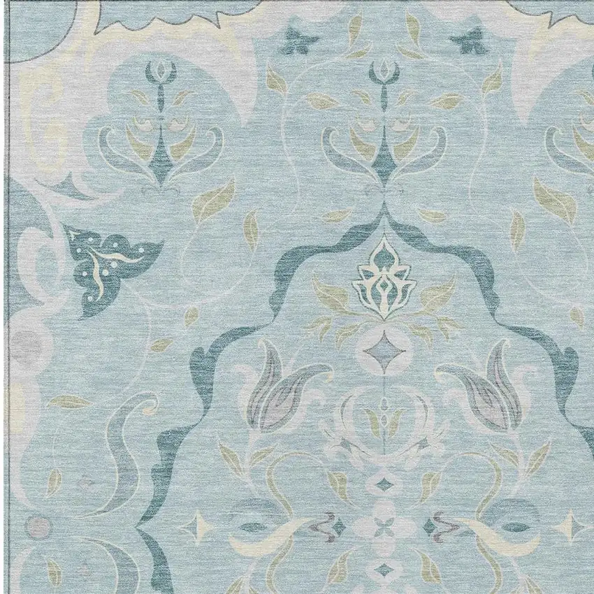 Sky Blue And Blue Damask Washable Indoor Outdoor Area Rug Photo 2