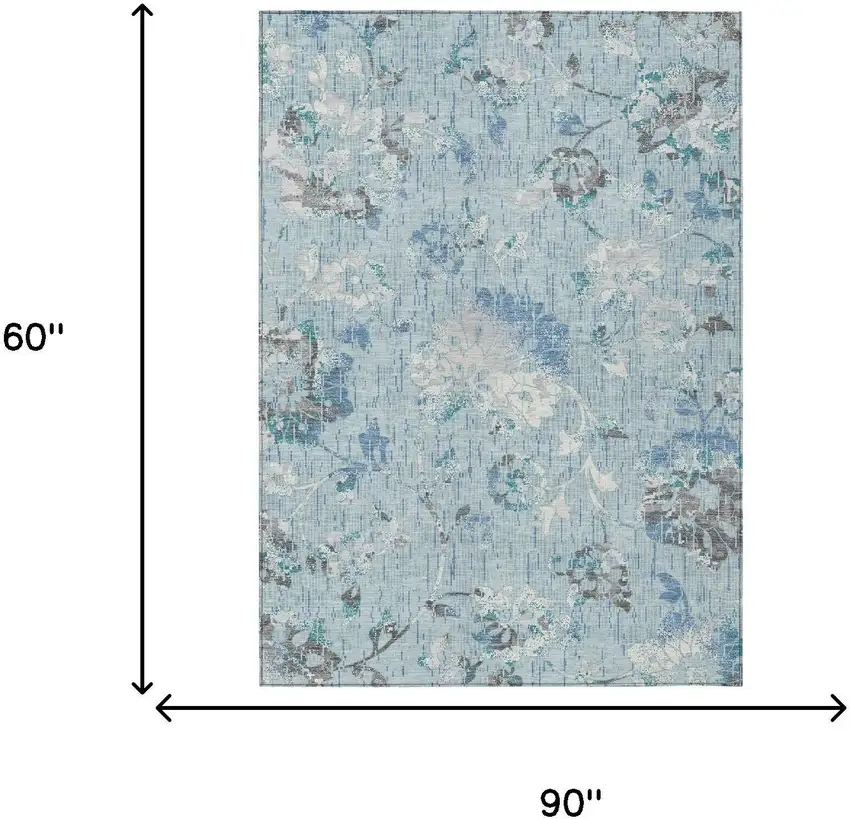 Sky Blue And Blue Floral Washable Indoor Outdoor Area Rug Photo 6