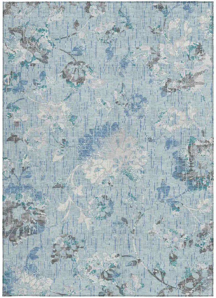 Sky Blue And Blue Floral Washable Indoor Outdoor Area Rug Photo 3