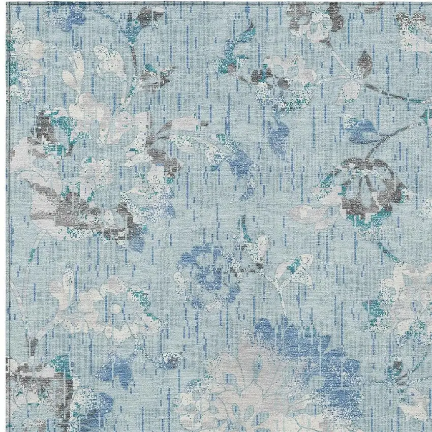 Sky Blue And Blue Floral Washable Indoor Outdoor Area Rug Photo 2